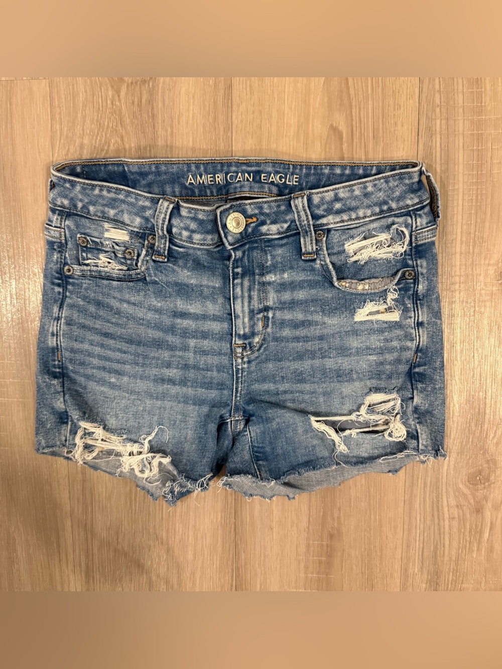 American Eagle Midi Outfitters Distressed Light Blue Jean Shorts